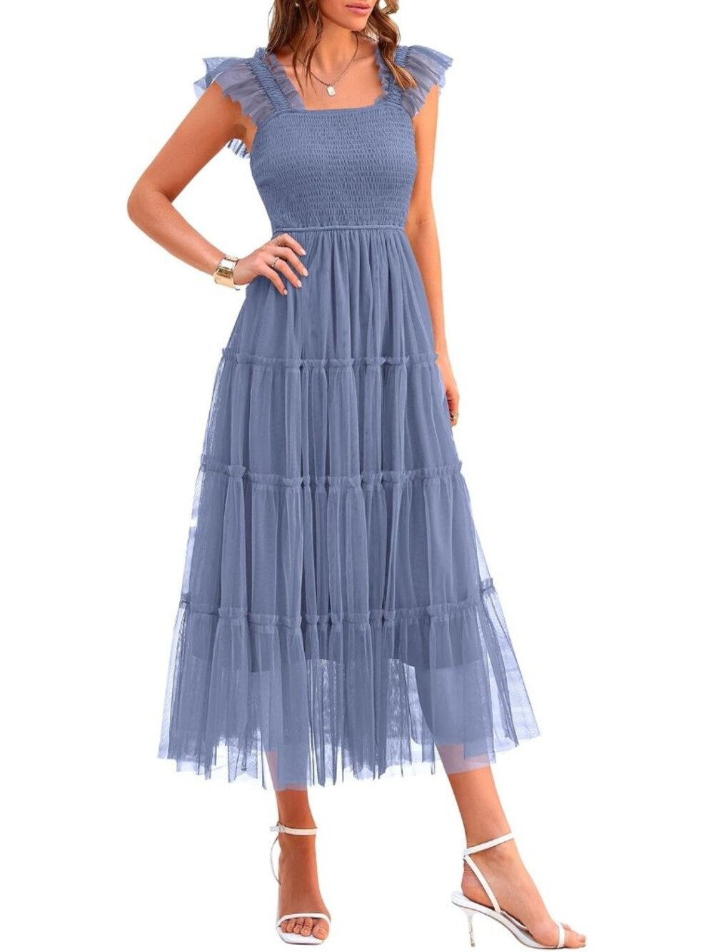 Women's Summer Midi Tulle Dress Smocked Square Neck Grey Blue Ruffle Sundress